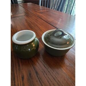 Hall China Vintage Covered Sugar Bowl and Creamer Set Dark Green Made in USA